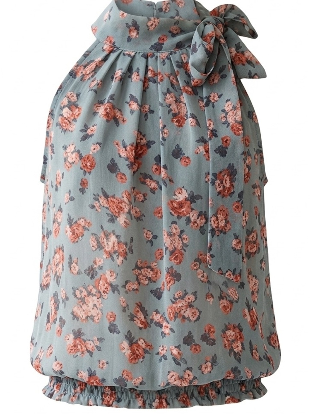 Beautiful Blue & Pink Floral Neck Bow Halter Lightweight Sleeveless Blouse Sz S